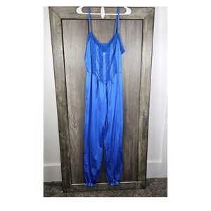 Lady Queen Royal Blue Lace Trim Nylon Long Pajama Jumpsuit Sleepwear Medium